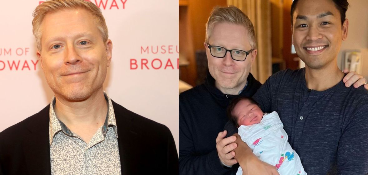 Side by side photos of Anthony Rapp and then an image of Rapp and his partner Ken Ithiphol holding their newborn child