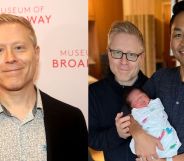 Side by side photos of Anthony Rapp and then an image of Rapp and his partner Ken Ithiphol holding their newborn child