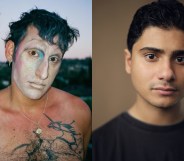 A side-by-side image showing Layla creator Amrou Al-Khadi aka Glamrou wearing white makeup and showing a unicorn tattoo on their chest, and lead actor Bilal Hasna wearing a black t-shirt