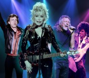 Dolly Parton on stage with a guitar, flanked by Prince, Mick Jagger and Robert Plant