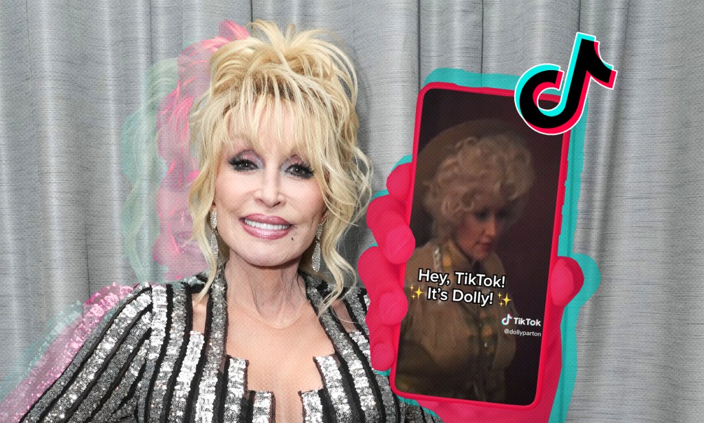 Dolly Parton and an image of a phone with her TikTok page open