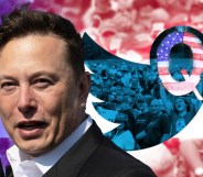 Elon Musk with a Twitter logo and QAnon symbol in the background