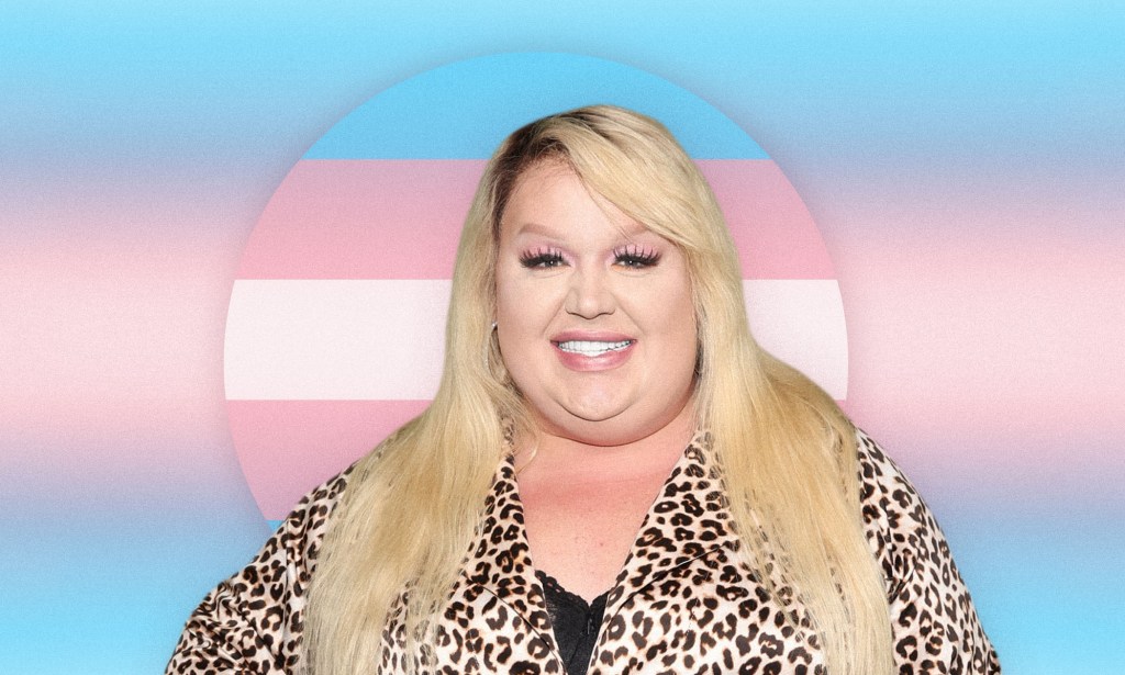 Eureka in front of a trans flag background