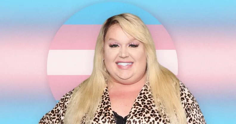 Eureka in front of a trans flag background