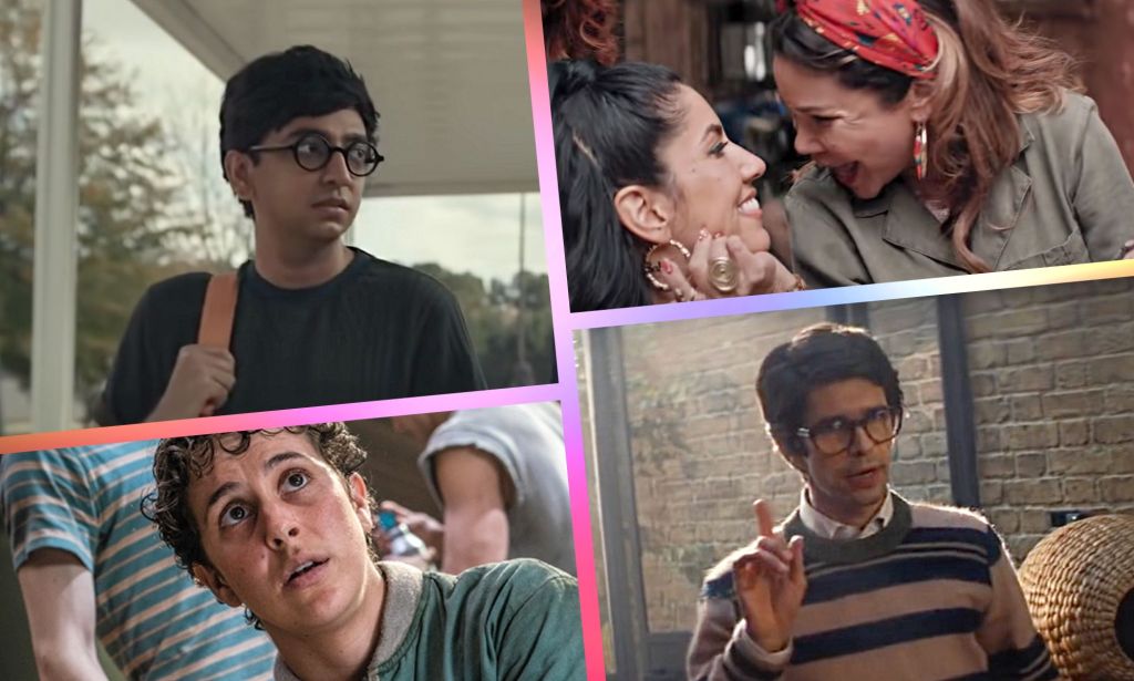 A graphic split into four images showing LGBTQ+ characters from recent movies. Top left is actor Nik Dodani as Jared from Nik Dodani) in Dear Evan Hansen, to the right shows Lady Gaga as Patrizia Reggiani from House of Gucci, bottom left shows Iris Menas as Anybodys from West Side Story and to the right is Ben Whishaw as Q from No Time to Die