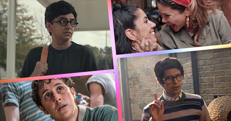 A graphic split into four images showing LGBTQ+ characters from recent movies. Top left is actor Nik Dodani as Jared from Nik Dodani) in Dear Evan Hansen, to the right shows Lady Gaga as Patrizia Reggiani from House of Gucci, bottom left shows Iris Menas as Anybodys from West Side Story and to the right is Ben Whishaw as Q from No Time to Die