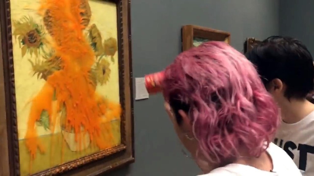 The Just Stop Oil climate protesters throw tomato soup at Van Gogh's "Sunflowers"