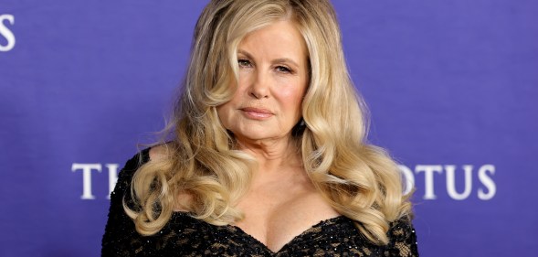 Actor Jennifer Coolidge wearing a black top to the premiere of The White Lotus