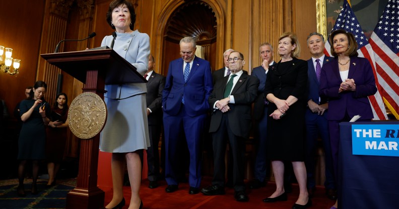 Sen. Susan Collins (R-ME) speaks at a bill enrollment ceremony for the Respect for Marriage Act at the U.S. Capitol Building