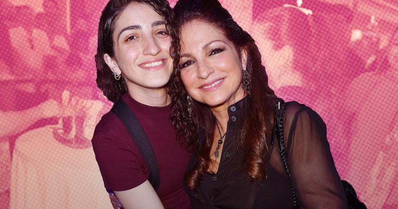 A graphic composite of Emily Estefan (L) with mother Gloria Estefan superimposed over an old family photo of the pair that has a pink tint over it. (Getty)
