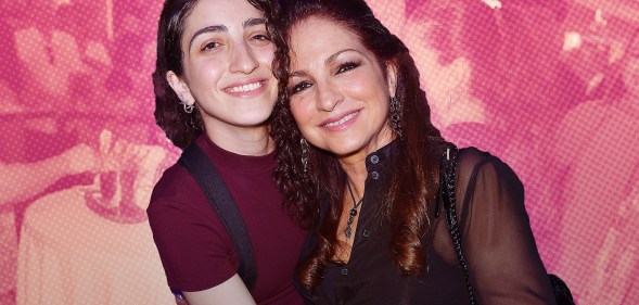 A graphic composite of Emily Estefan (L) with mother Gloria Estefan superimposed over an old family photo of the pair that has a pink tint over it. (Getty)