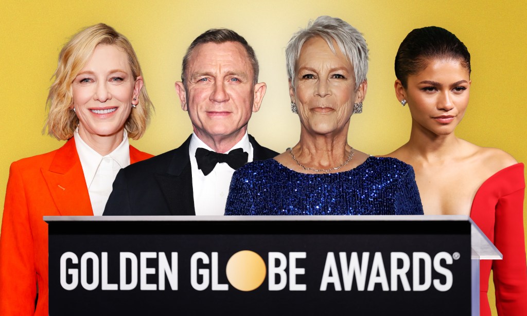 A graphic showing four Golden Globe nominees, Cate Blanchett, Daniel Craig, Jamie Lee Curtis and Zendaya standing next to each other with a sign below them that says "Golden Globe Awards". The background is coloured gold. (Getty)