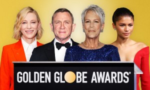 A graphic showing four Golden Globe nominees, Cate Blanchett, Daniel Craig, Jamie Lee Curtis and Zendaya standing next to each other with a sign below them that says "Golden Globe Awards". The background is coloured gold. (Getty)