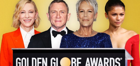 A graphic showing four Golden Globe nominees, Cate Blanchett, Daniel Craig, Jamie Lee Curtis and Zendaya standing next to each other with a sign below them that says "Golden Globe Awards". The background is coloured gold. (Getty)