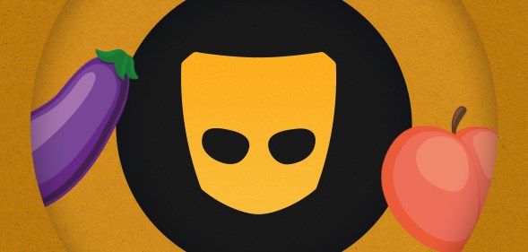 A graphic depicting the yellow and black Grindr logo with a purple eggplant/aubergine emoji and a pink peach emoji