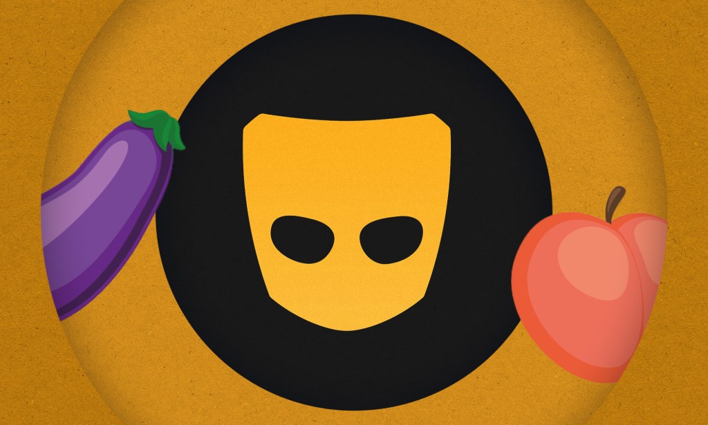 A graphic depicting the yellow and black Grindr logo with a purple eggplant/aubergine emoji and a pink peach emoji