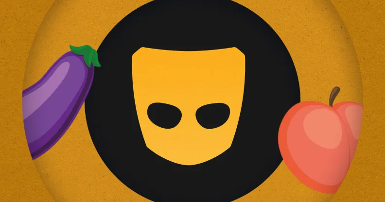 A graphic depicting the yellow and black Grindr logo with a purple eggplant/aubergine emoji and a pink peach emoji