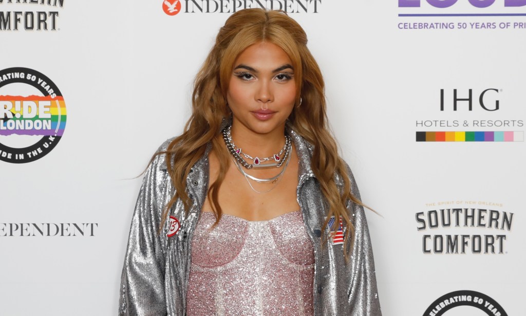 A photo of singer Hayley Kiyoko dressed in a white corset top and silver jacket as she poses at a press event