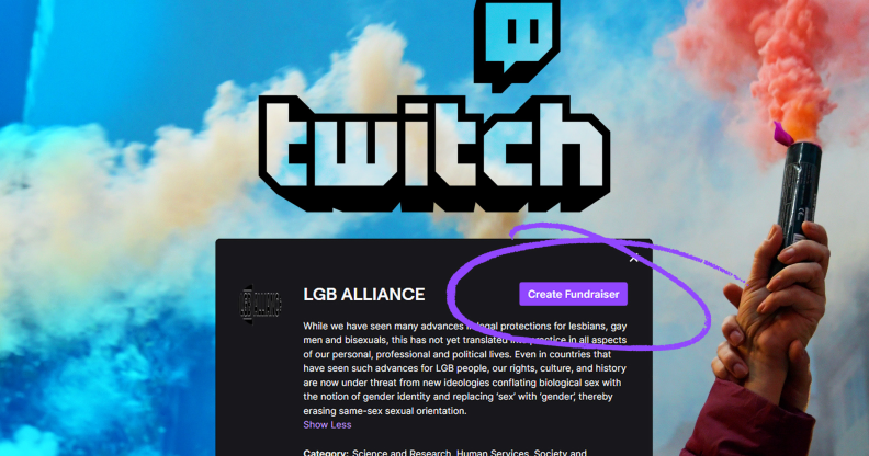 A graphic showing the Twitch logo with a screenshot of a "create fundraiser" part of the website indicating LGB Alliance