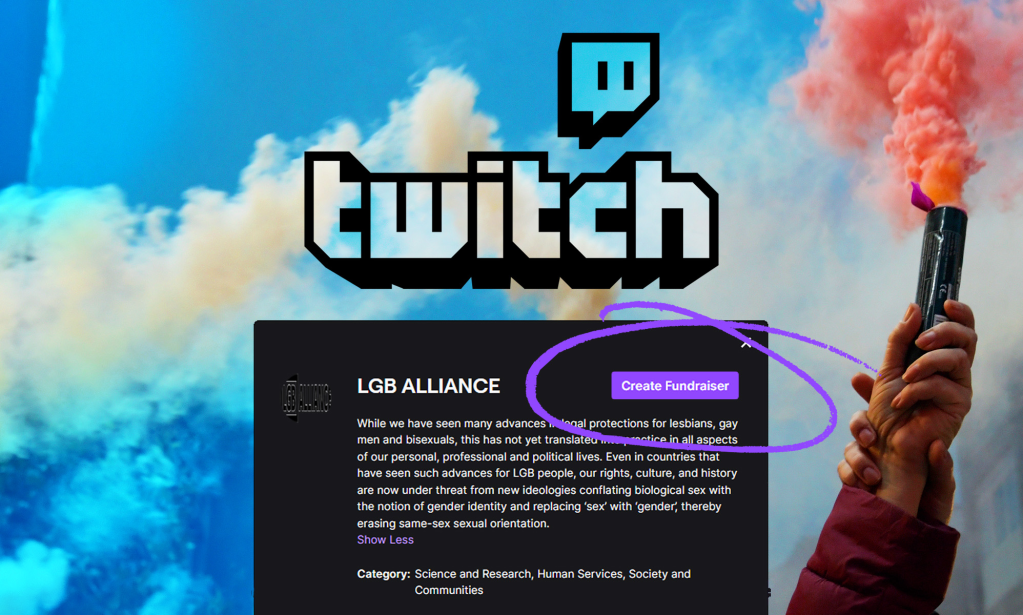 A graphic showing the Twitch logo with a screenshot of a "create fundraiser" part of the website indicating LGB Alliance