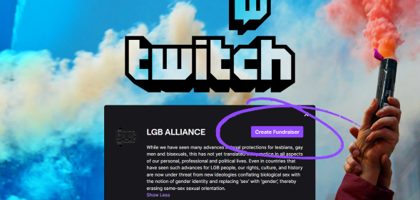 A graphic showing the Twitch logo with a screenshot of a "create fundraiser" part of the website indicating LGB Alliance