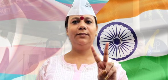 An image showing trans politican Bobi, sometimes known as Bobi 'Darling,' wearing a light pink top throwing a peace symbol after her win. Behind her is a graphic showing a trans flag and the flag of India.