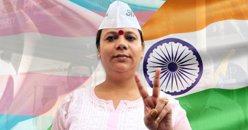 An image showing trans politican Bobi, sometimes known as Bobi 'Darling,' wearing a light pink top throwing a peace symbol after her win. Behind her is a graphic showing a trans flag and the flag of India.