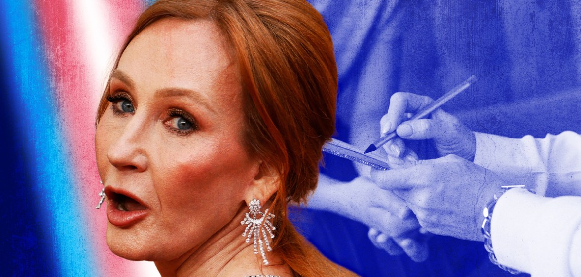 A graphic composite with a photo of JK Rowling with a doctor writing notes in the background, and a stripe with the colours of the trans Pride flag