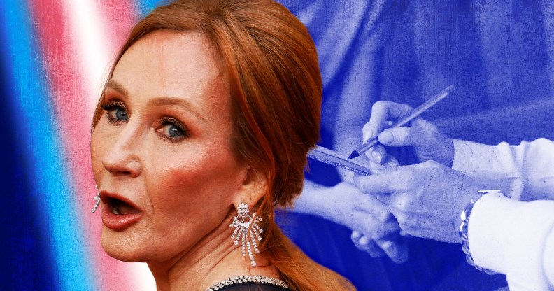A graphic composite with a photo of JK Rowling with a doctor writing notes in the background, and a stripe with the colours of the trans Pride flag