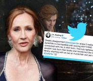 JK Rowling next to an image of her tweet, which is cut out in front of a still from the Hogwarts Legacy video game.