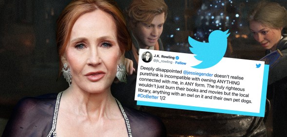 JK Rowling next to an image of her tweet, which is cut out in front of a still from the Hogwarts Legacy video game.