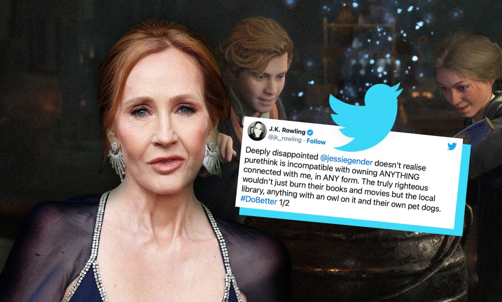 JK Rowling next to an image of her tweet, which is cut out in front of a still from the Hogwarts Legacy video game.