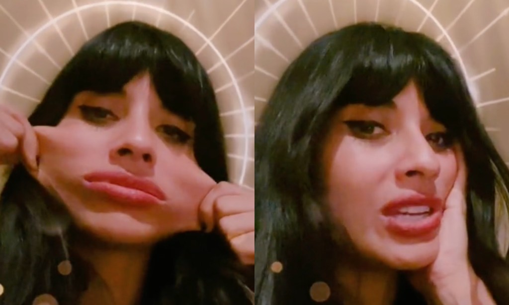 Two side-by-side images taken from actor Jameela Jamil's TikTok account show her pulling her face outward to demonstrate her 'elastic skin' caused by her Ehlers Danlos-Syndrome. The next image shows the actor just resting her head on her hand as she looks towards the camera