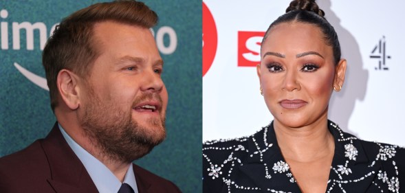 A split-screen image showing actor and TV presenter James Corden wearing a brown suit, white shirt and black tie and former Spice Girl Mel B wearing a patterned black jacket. (Getty)