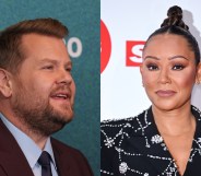 A split-screen image showing actor and TV presenter James Corden wearing a brown suit, white shirt and black tie and former Spice Girl Mel B wearing a patterned black jacket. (Getty)