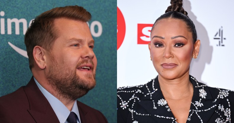 A split-screen image showing actor and TV presenter James Corden wearing a brown suit, white shirt and black tie and former Spice Girl Mel B wearing a patterned black jacket. (Getty)