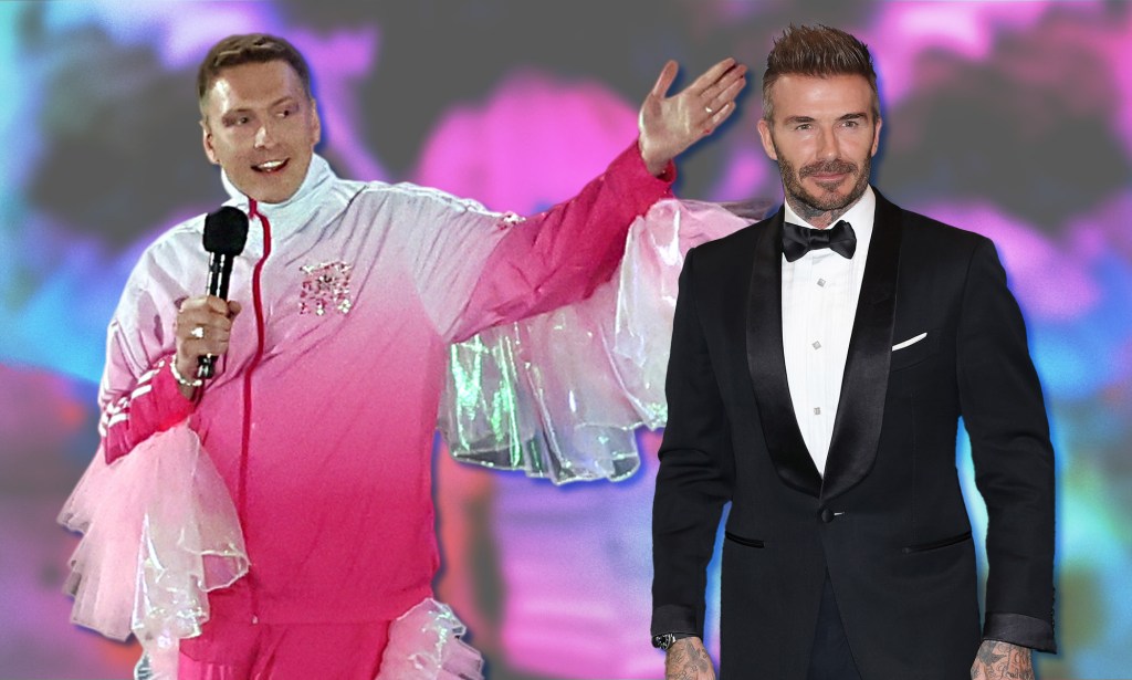 A graphic showing on the left an image of comedian Joe Lycett dressed in a pink and white frilly top and David Beckham on the white dressed in a tuxedo. The background shows pink and blue spots