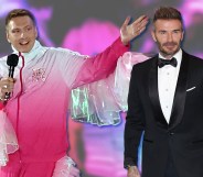 A graphic showing on the left an image of comedian Joe Lycett dressed in a pink and white frilly top and David Beckham on the white dressed in a tuxedo. The background shows pink and blue spots