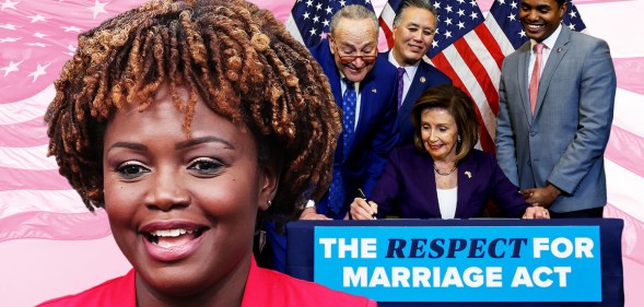 A graphic showing a close-up of White House’s first Black and openly gay press secretary Karine-Jean-Pierre smiling and behind her is a cut-out image of Nancy Pelosi signing the Respect for Marriage Act. The background shows the American flag slightly faded and tinted pink