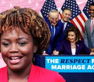 A graphic showing a close-up of White House’s first Black and openly gay press secretary Karine-Jean-Pierre smiling and behind her is a cut-out image of Nancy Pelosi signing the Respect for Marriage Act. The background shows the American flag slightly faded and tinted pink