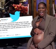 An image showing actor Keke Palmer dressed in a grey suit outfit showing her belly and laughing with a graphic of a Twitter post superimposed to the left of her