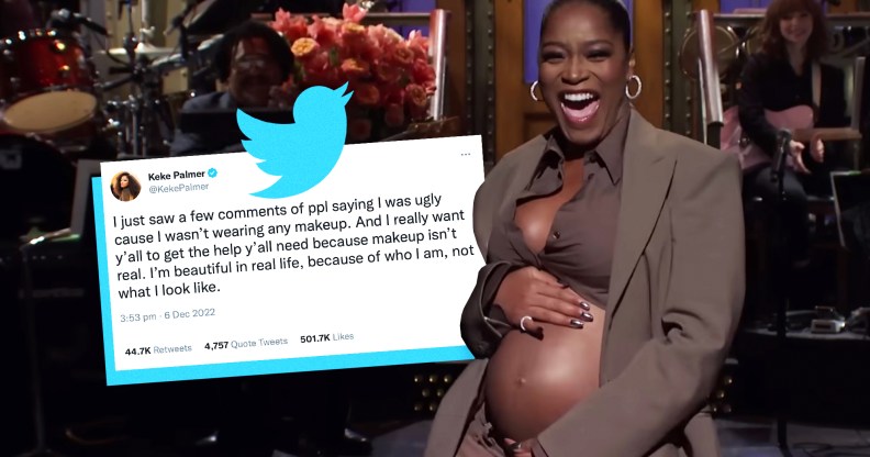 An image showing actor Keke Palmer dressed in a grey suit outfit showing her belly and laughing with a graphic of a Twitter post superimposed to the left of her