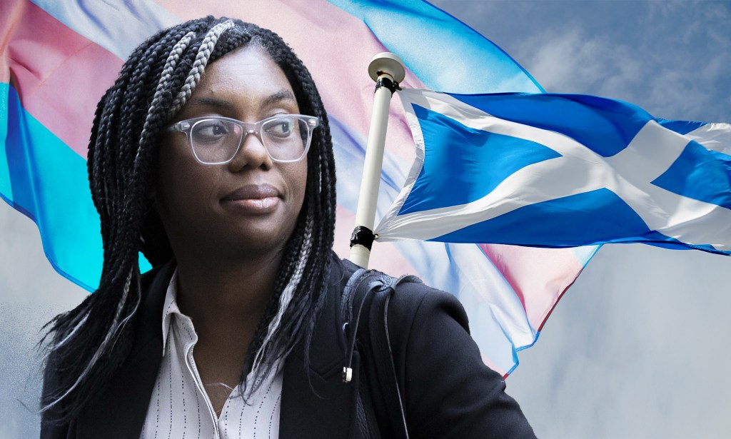 Equalities minister Kemi Badenoch with the trans flag and Scottish flag in the background
