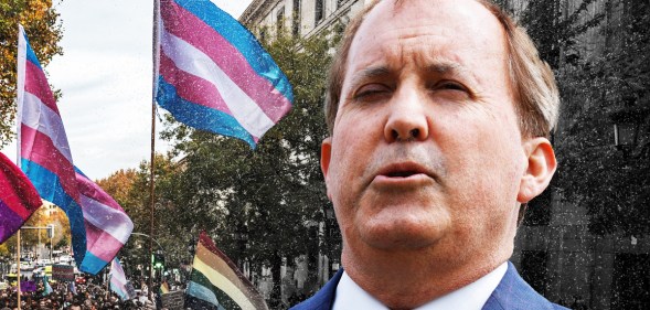 Texas attorney general Ken Paxton superimposed against a backdrop of LGBTQ+ activists