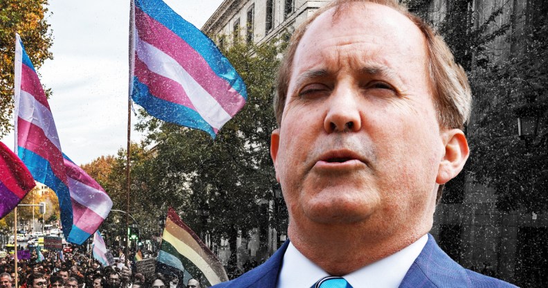 Texas attorney general Ken Paxton superimposed against a backdrop of LGBTQ+ activists