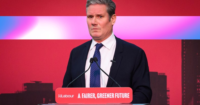 A graphic showing Labour leader Kier Starmer from a political conference with a sign on the podium saying: "A fairer, greener future" and the background