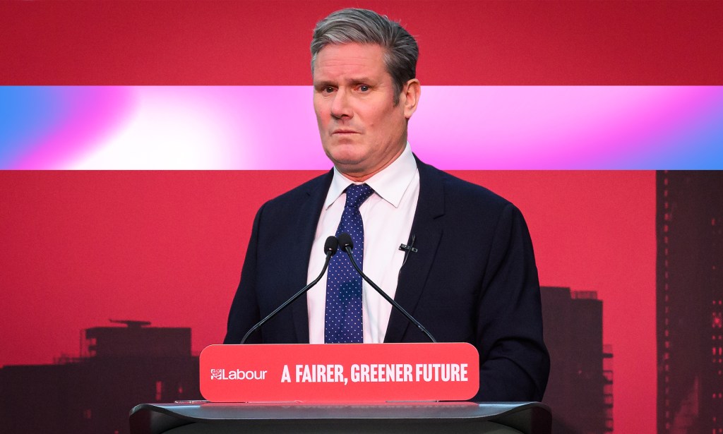 A graphic showing Labour leader Kier Starmer from a political conference with a sign on the podium saying: "A fairer, greener future" and the background