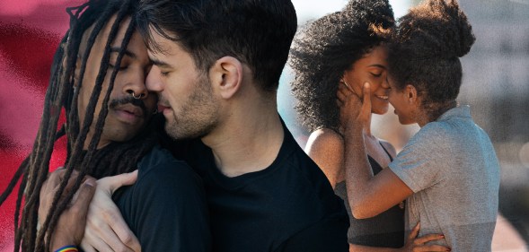 Two couples kissing one another in two seperate images.