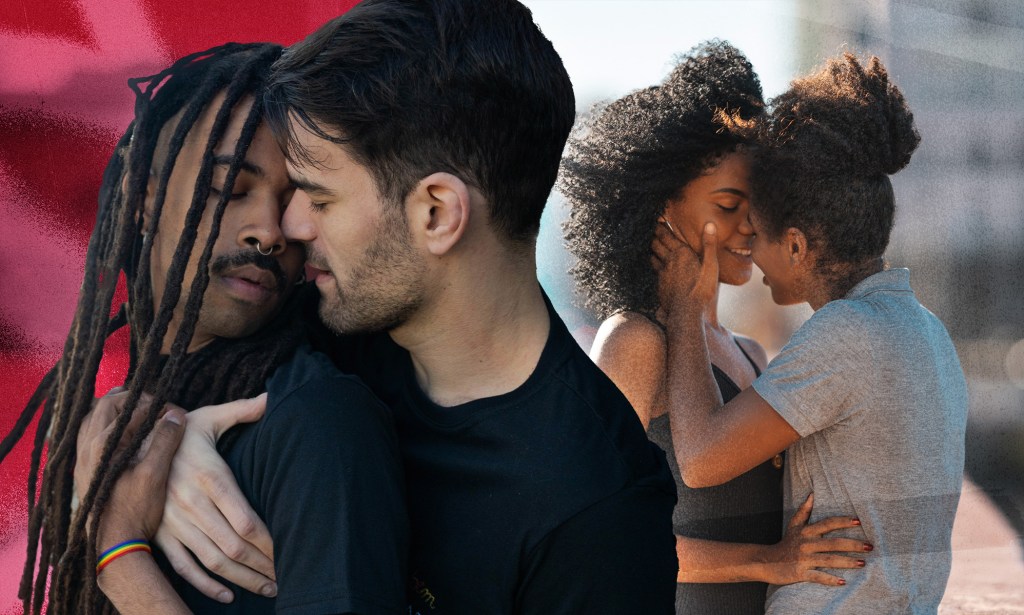 Two couples kissing one another in two seperate images.