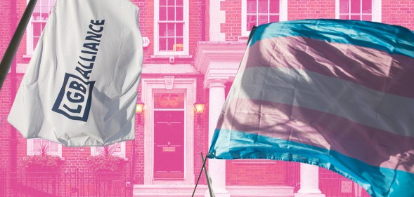 Outside view of London's 55 Tufton Street with LGB Alliance and trans Pride flags flying in front